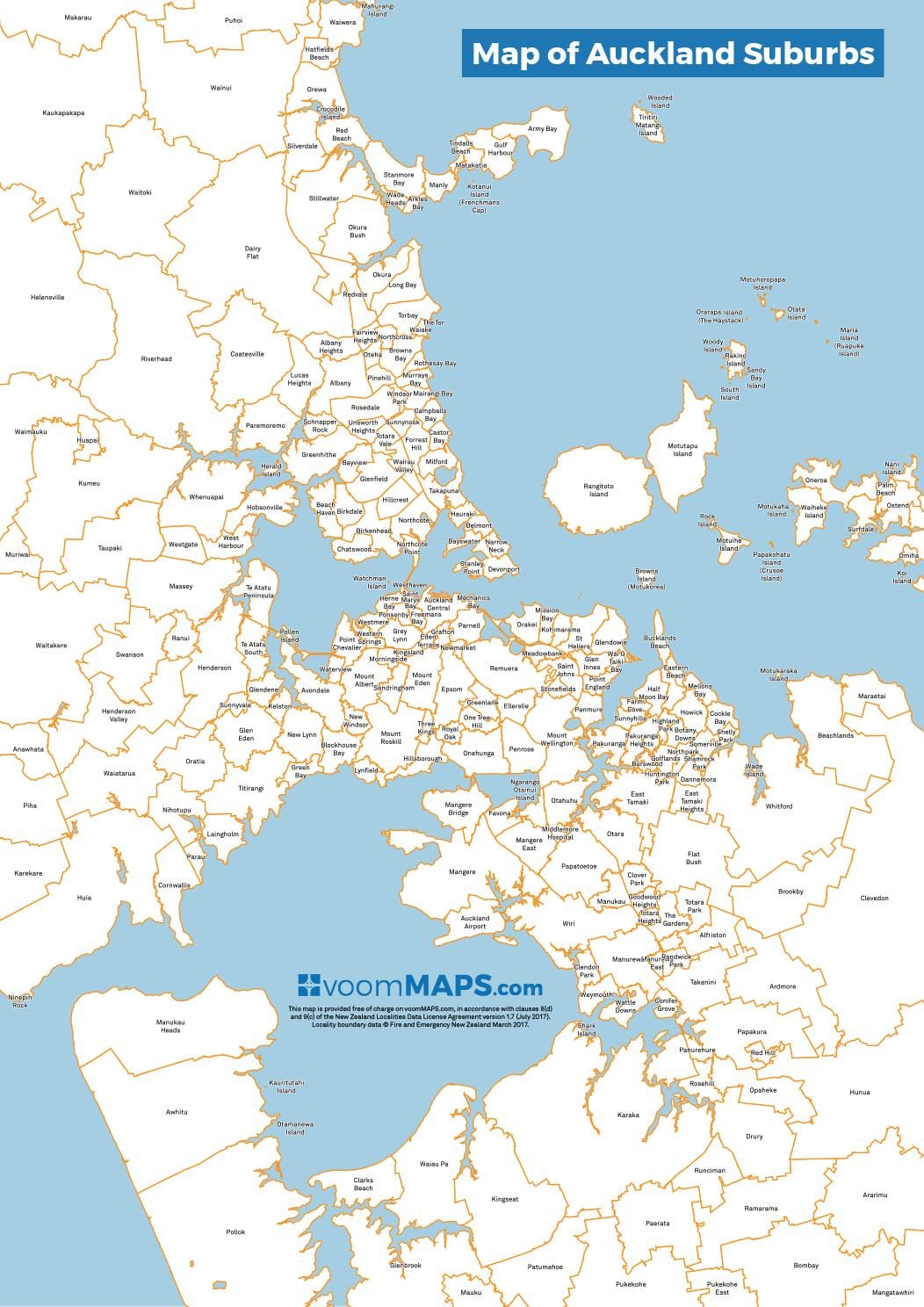 แผนที่ของอ็อคแลนด์หมู่บ้านย่านชานเมืองต่าง