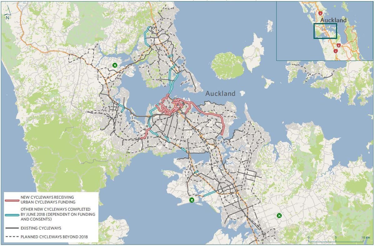 แผนที่ของ cycleway อ็อคแลนด์บนแผนที่